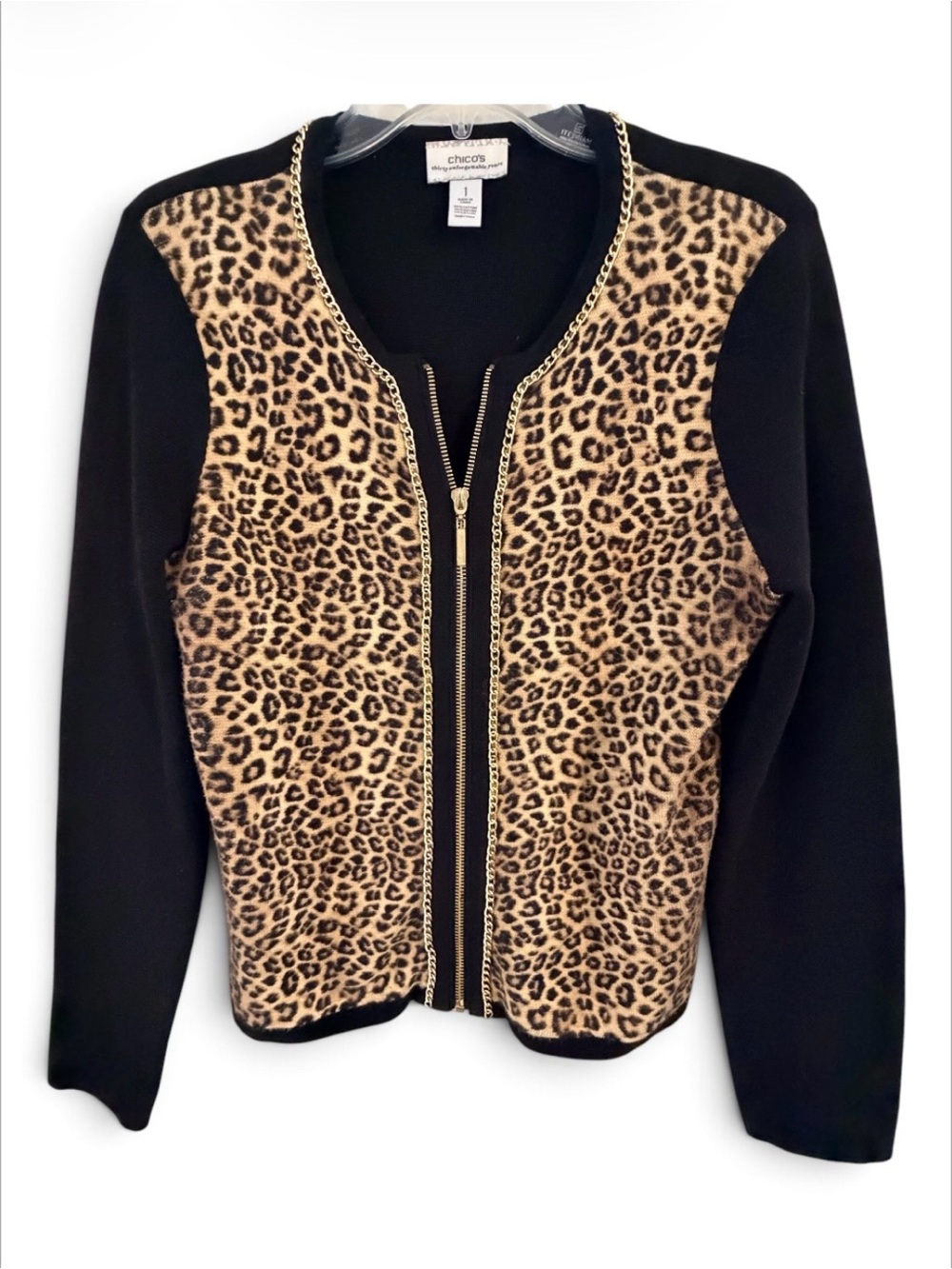 Chico’s 30th Anniversary Leopard Print Zip Cardigan Sweater Gold Chain Trim M
